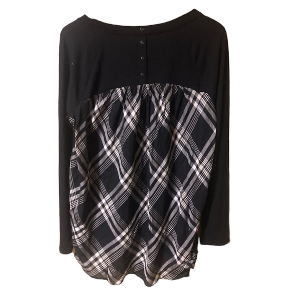 LOFT Black Long Sleeve Scoop Neck Tunic Top Plaid Button Back Size Medium